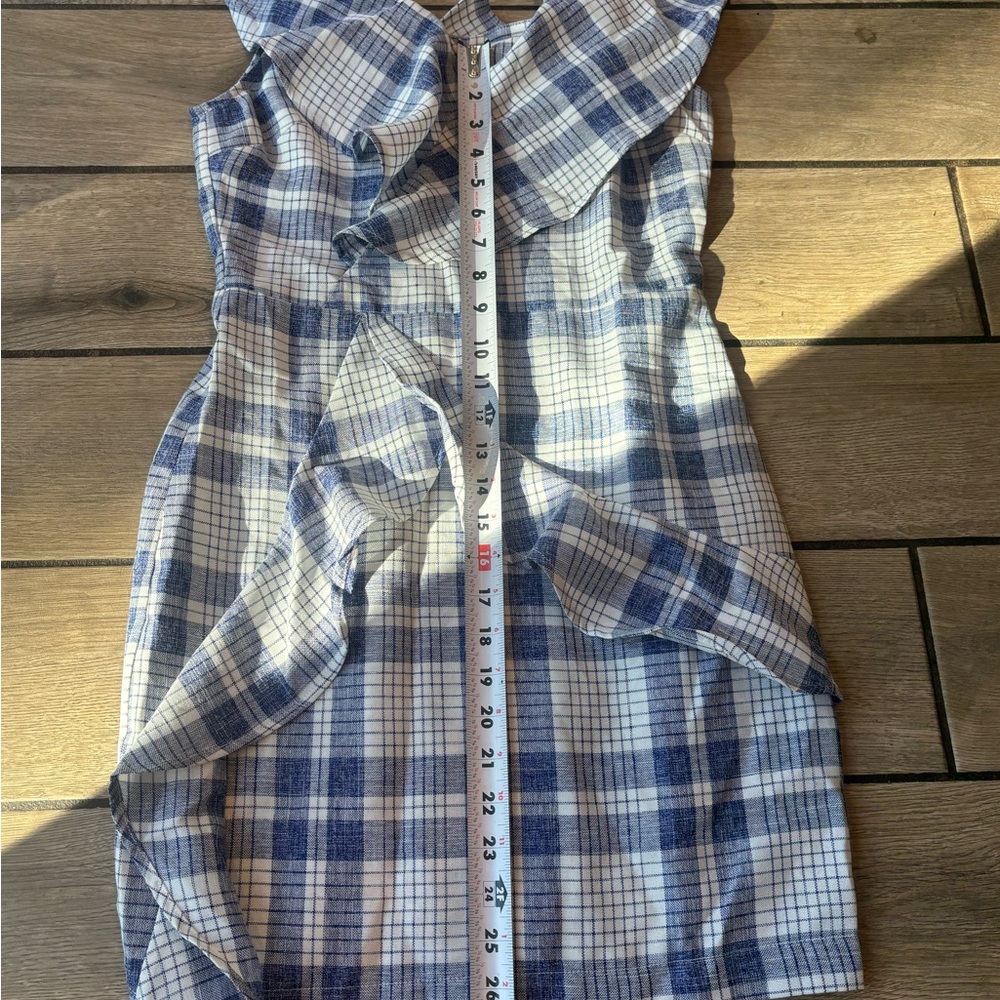 Endless Rose One Shoulder Ruffle Mini Dress Blue White Plaid Asymmetrical S NWT - Picture 7 of 7